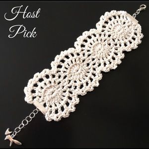 •HP!• Wide Lace Cuff Crochet Natural Cotton Silver